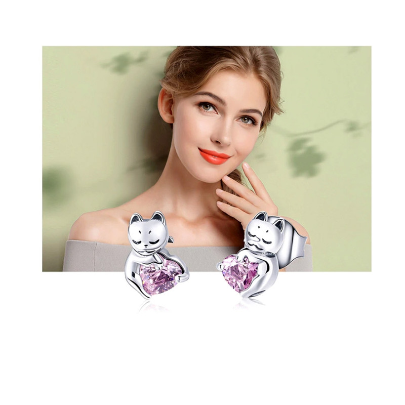 Boucles d'oreilles Femme Chat orné de Cristal de Swarovski Rose et Argent 925 - vue 4