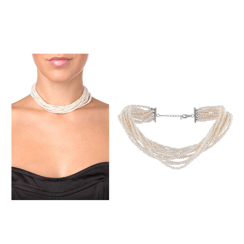 Collier Femme Ras-du-cou 12 rangs Perles de culture d'eau douce blanches et Argent 925/1000 - vue V2
