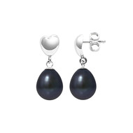 Boucles d'Oreilles Coeurs Pendantes Perles de Culture Noires et or Blanc 375/1000