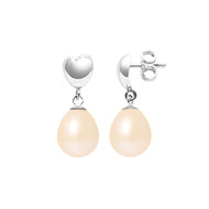 Boucles d'Oreilles Coeurs Pendantes Perles de Culture Roses et or Blanc 375/1000