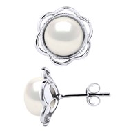 Clous d'Oreilles FLEUR Perles d'Eau Douce Boutons 8-9 mm Blanches Argent 925