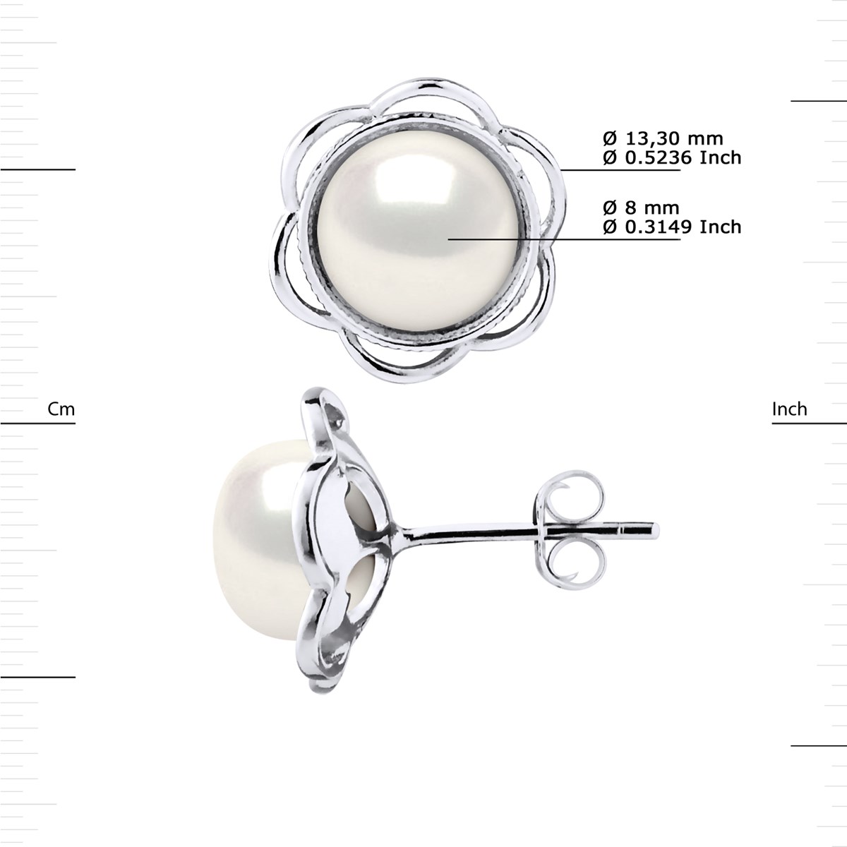 Clous d'Oreilles FLEUR Perles d'Eau Douce Boutons 8-9 mm Blanches Argent 925 - vue 3
