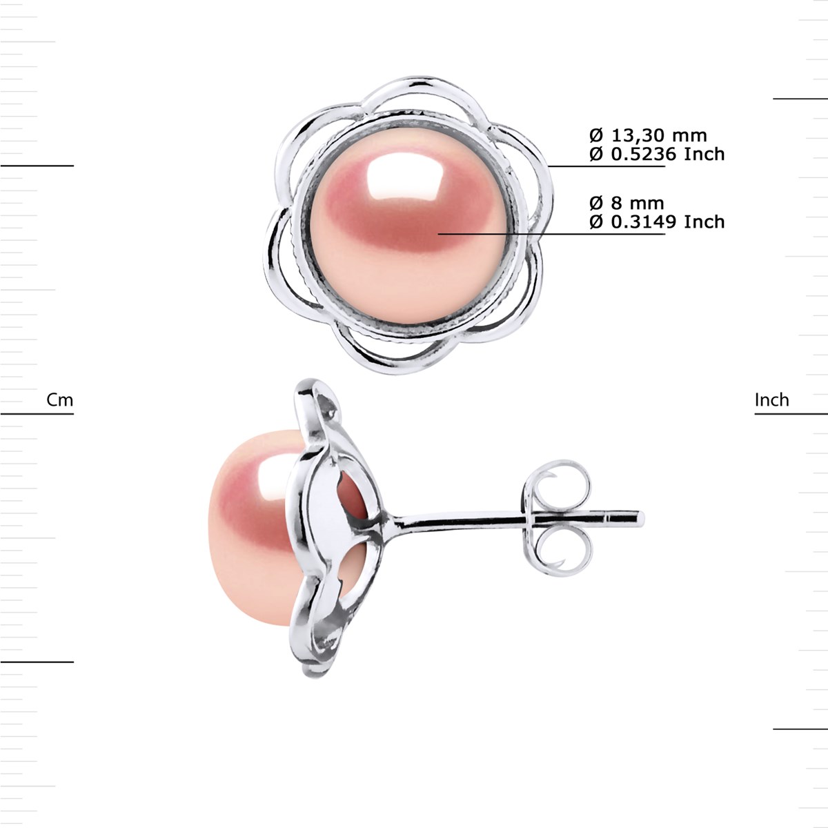 Clous d'Oreilles FLEUR Perles d'Eau Douce Boutons 8-9 mm Roses Argent 925 - vue 3