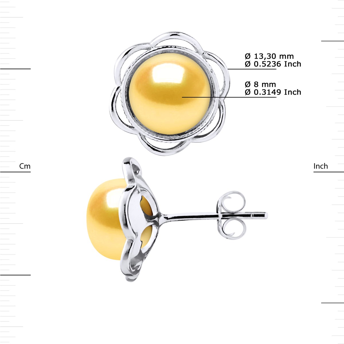 Clous d'Oreilles FLEUR Perles d'Eau Douce Boutons 8-9 mm Dorées Argent 925 - vue 3