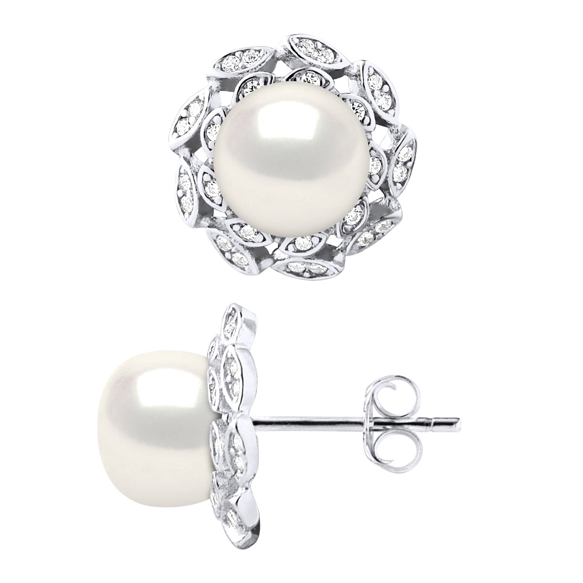 Clous d'Oreilles FLEUR Perles d'Eau Douce Boutons 8-9 mm Blanches Joaillerie Argent 925