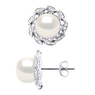 Boucles d'Oreilles Véritables - Perles de Culture d'Eau Douce Boutons 8-9 mm - MOTIF FLEUR