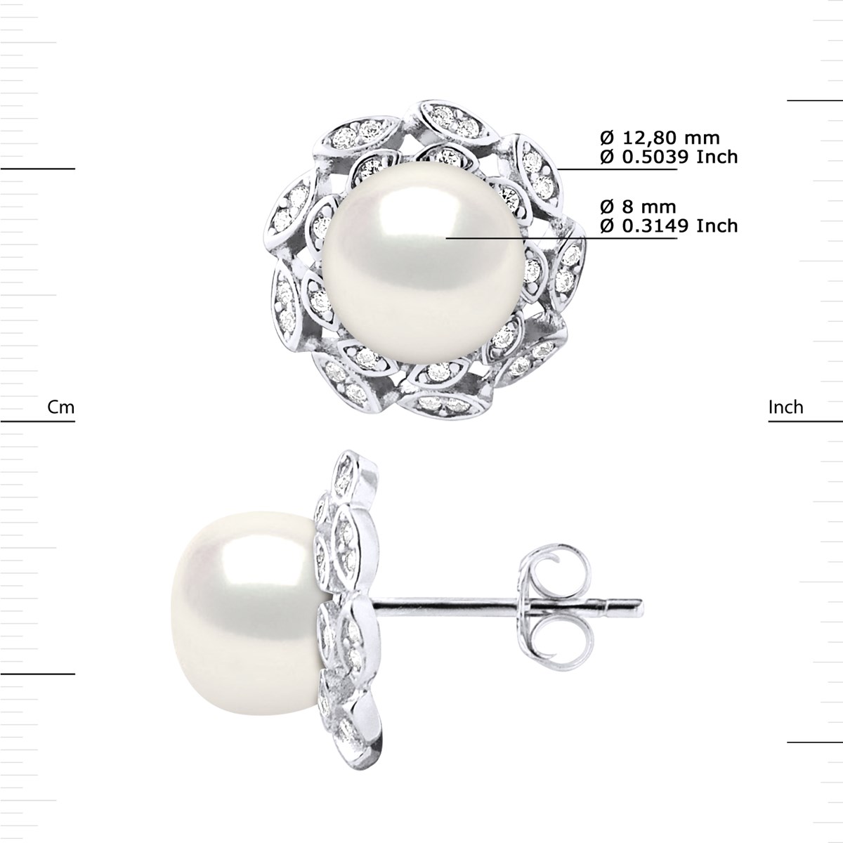 Clous d'Oreilles FLEUR Perles d'Eau Douce Boutons 8-9 mm Blanches Joaillerie Argent 925 - vue 3