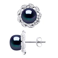 Boucles d'Oreilles Véritables - Perles de Culture d'Eau Douce Boutons 8-9 mm - MOTIF FLEUR