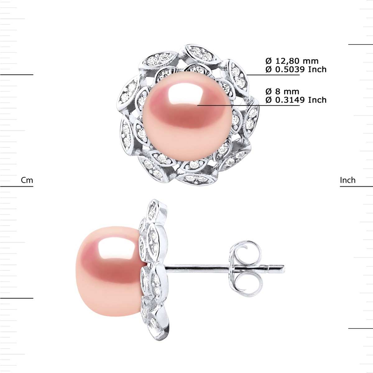 Clous d'Oreilles FLEUR Perles d'Eau Douce Boutons 8-9 mm Roses Joaillerie Argent 925 - vue 3
