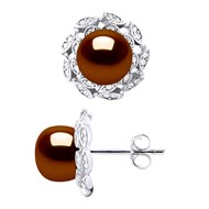 Boucles d'Oreilles Véritables - Perles de Culture d'Eau Douce Boutons 8-9 mm - MOTIF FLEUR