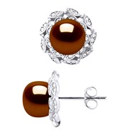 Clous d'Oreilles FLEUR Perles d'Eau Douce Boutons 8-9 mm Chocolat Joaillerie Argent 925