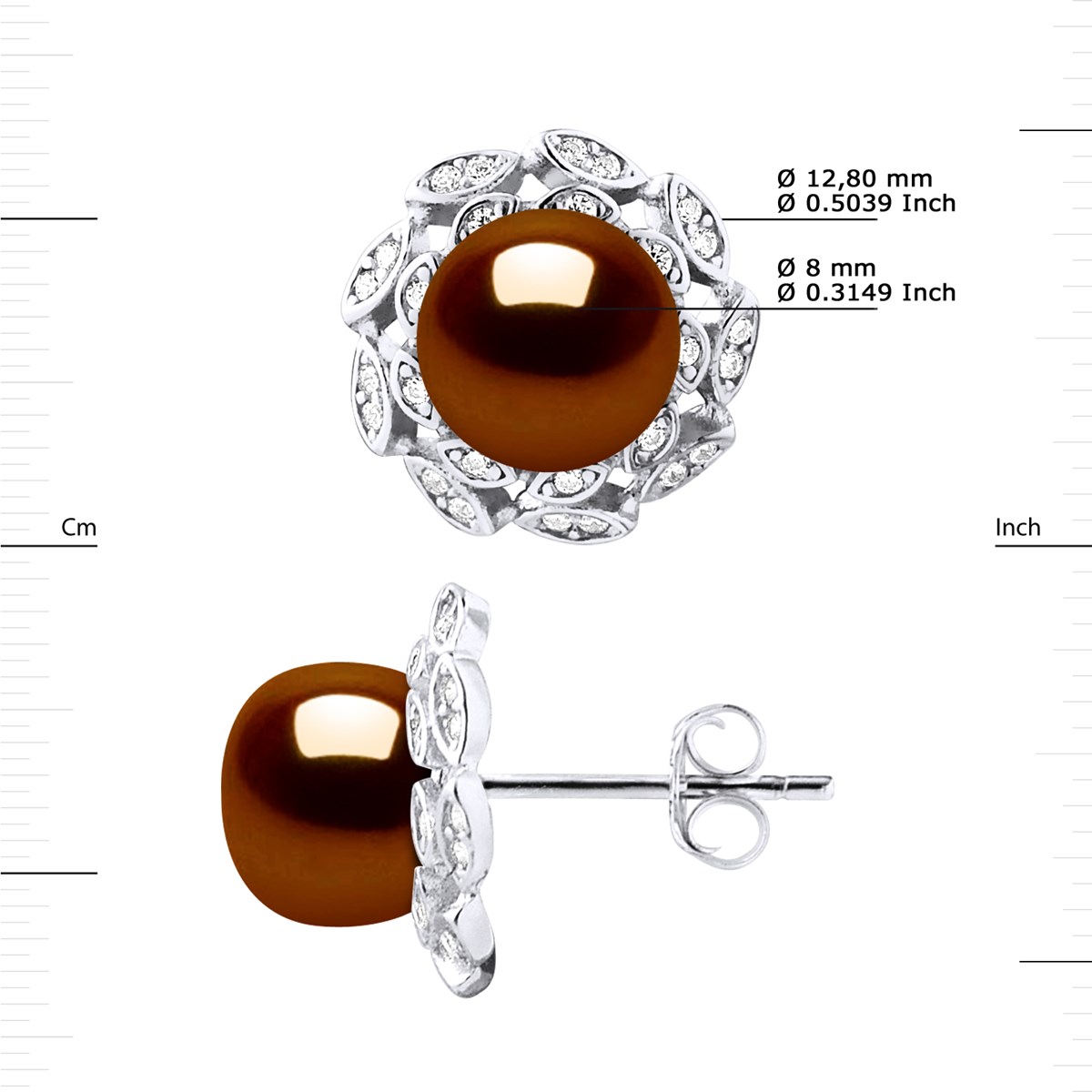 Clous d'Oreilles FLEUR Perles d'Eau Douce Boutons 8-9 mm Chocolat Joaillerie Argent 925 - vue 3