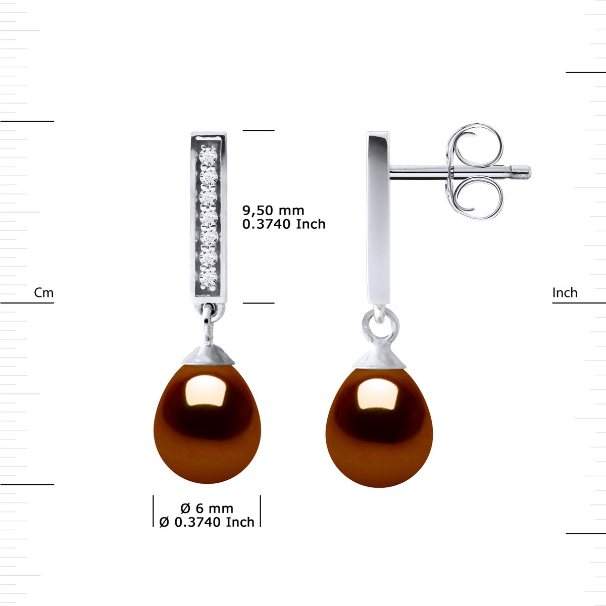 Boucles d'Oreilles Pendantes Perles d'Eau Douce Poires 6-7 mm Chocolat Joaillerie Argent 925 - vue 3