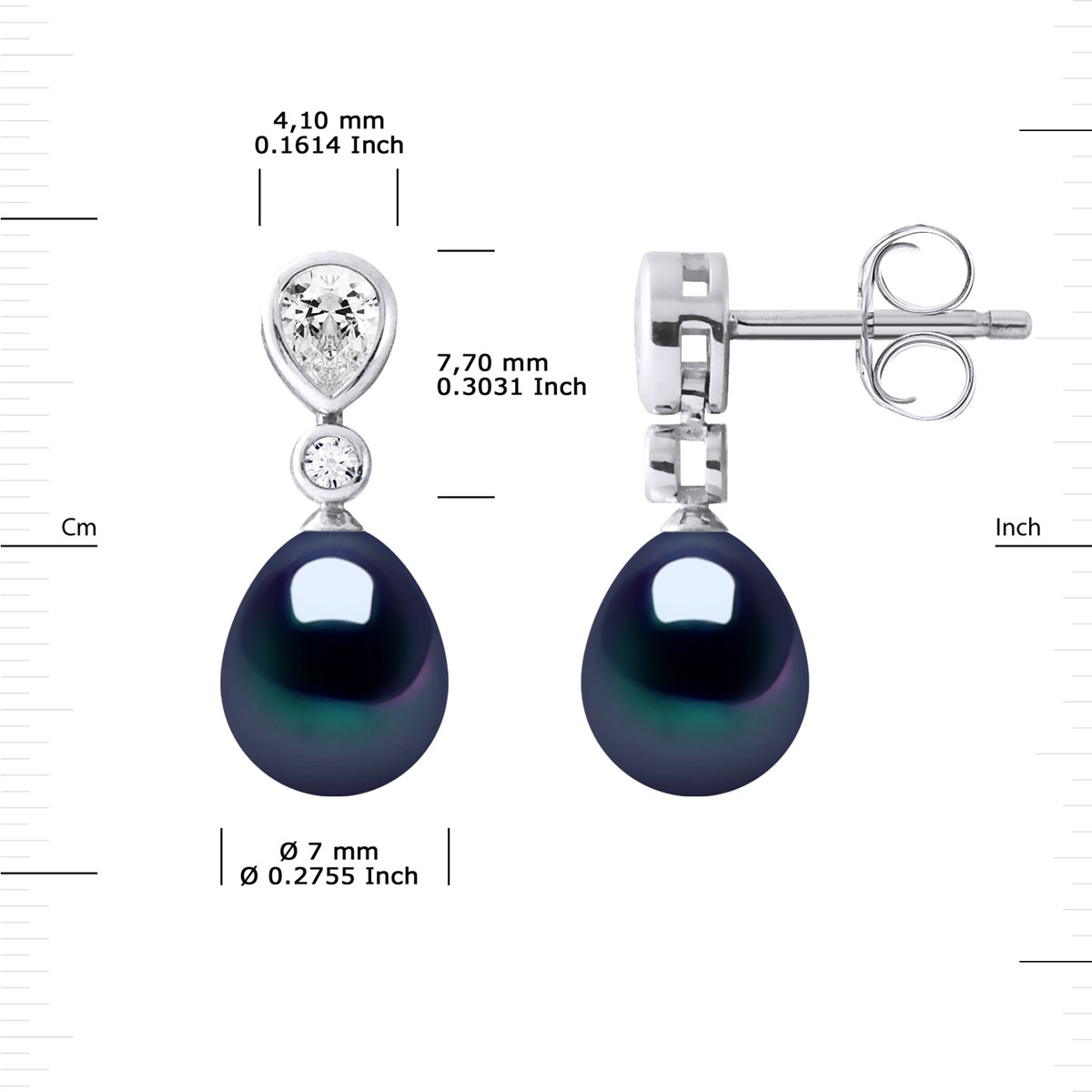 Pendants d'Oreilles Joaillerie Perles d'Eau Douce Poires 7-8 mm Noires Argent 925 - vue 3