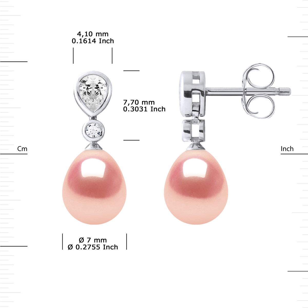 Pendants d'Oreilles Joaillerie Perles d'Eau Douce Poires 7-8 mm Roses Argent 925 - vue 3
