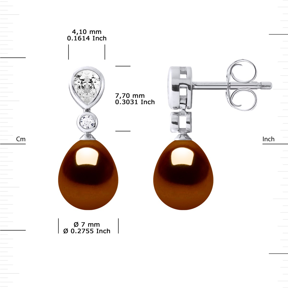 Pendants d'Oreilles Joaillerie Perles d'Eau Douce Poires 7-8 mm Chocolat Argent 925 - vue 3
