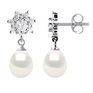 Boucles d'Oreilles Pendantes Perles d'Eau Douce Poires 7-8 mm Blanches Joaillerie Argent 925