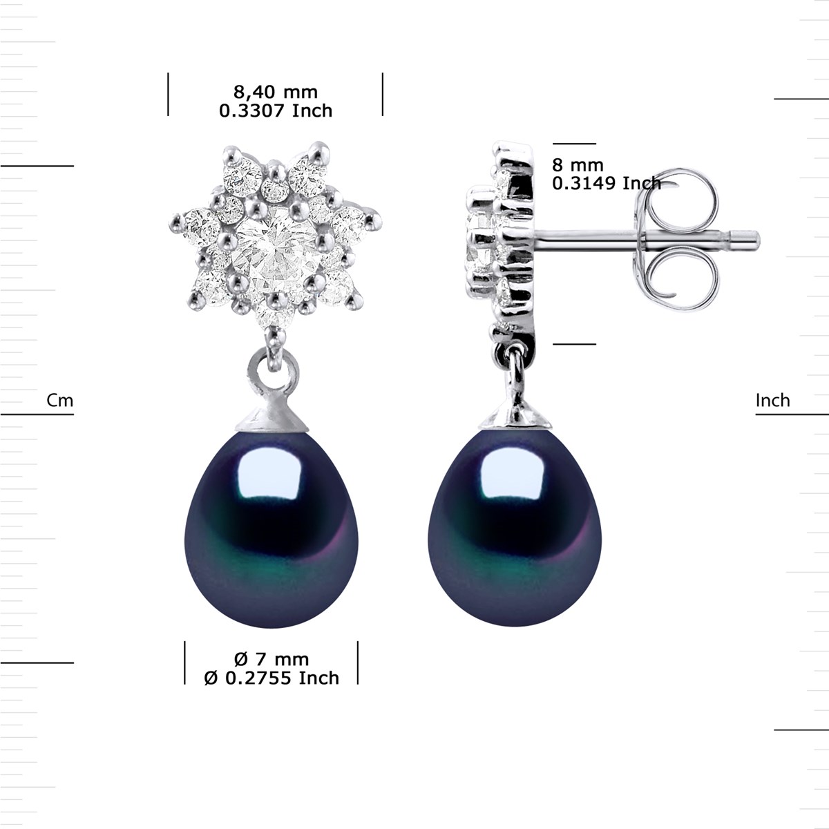 Boucles d'Oreilles Pendantes Perles d'Eau Douce Poires 7-8 mm Noires Joaillerie Argent 925 - vue 3