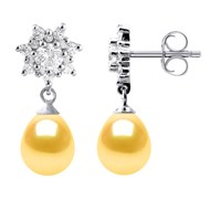 Boucles d'Oreilles Pendantes Perles d'Eau Douce Poires 7-8 mm Dorées Joaillerie Argent 925