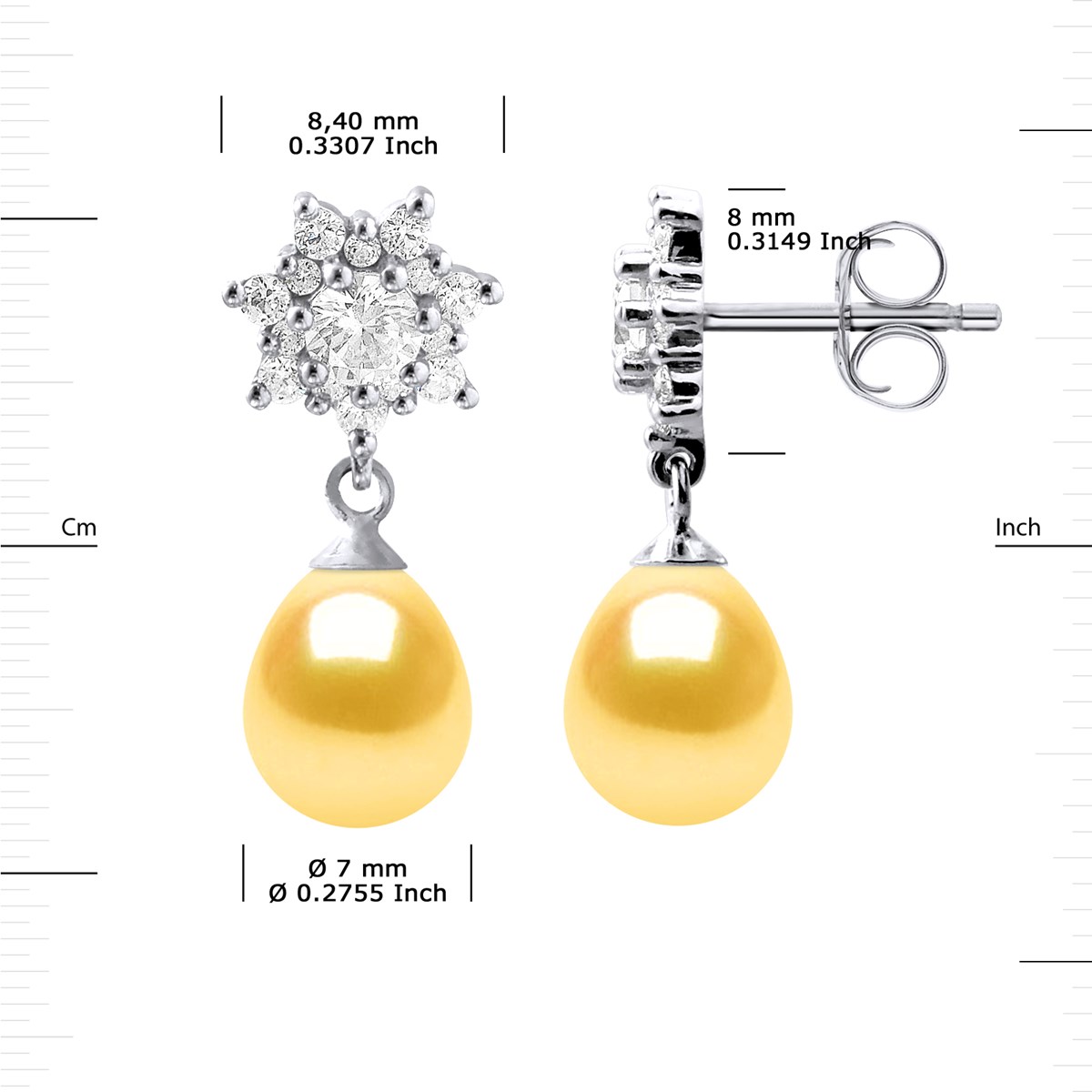 Boucles d'Oreilles Pendantes Perles d'Eau Douce Poires 7-8 mm Dorées Joaillerie Argent 925 - vue 3