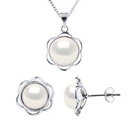 Parure Collier & Boucles d'Oreilles PETALES Perles d'Eau Douce 8-9 mm Blanches Argent 925