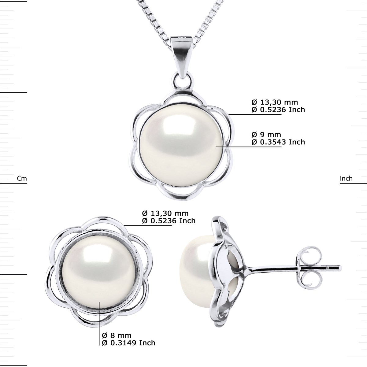 Parure Collier & Boucles d'Oreilles PETALES Perles d'Eau Douce 8-9 mm Blanches Argent 925 - vue 3