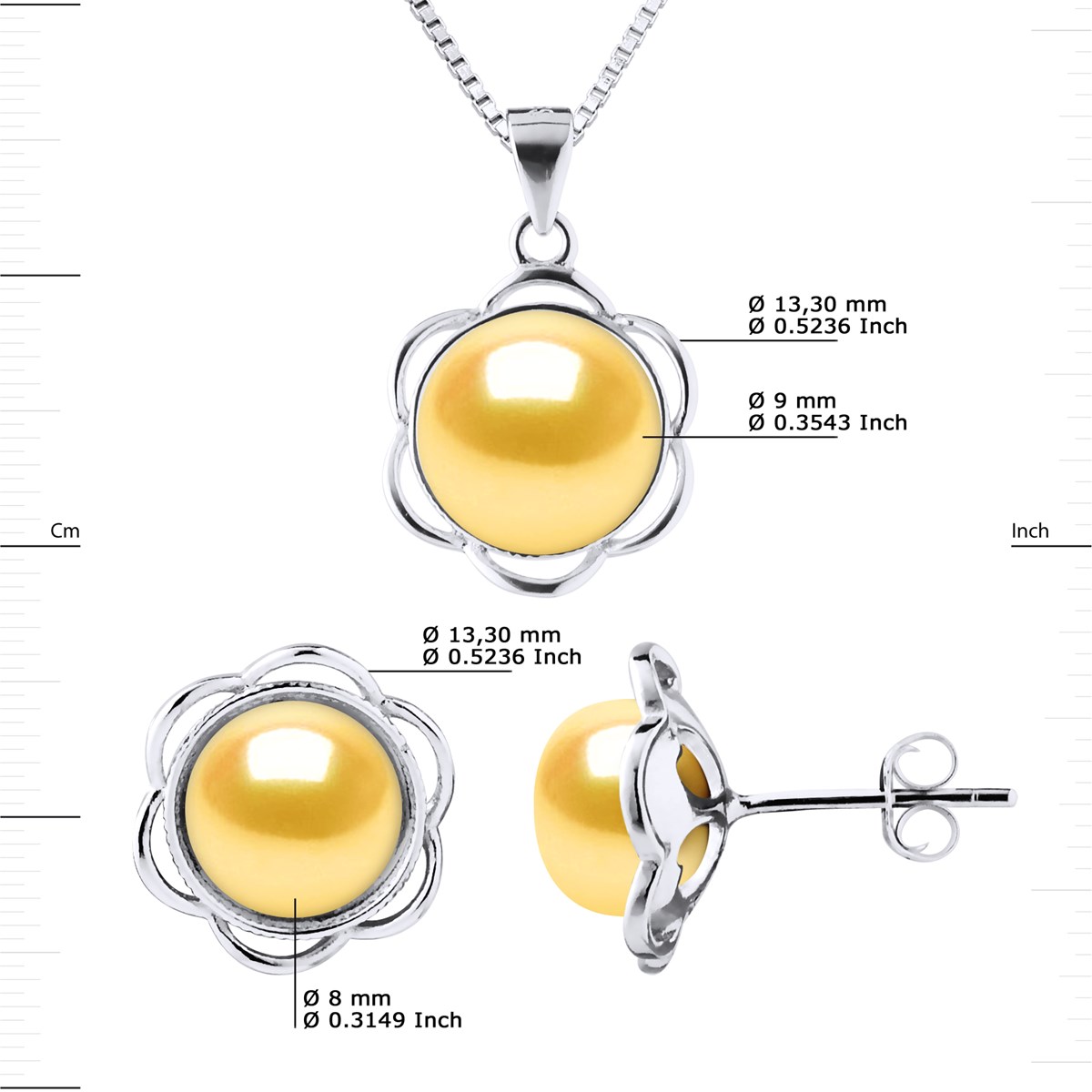 Parure Collier & Boucles d'Oreilles PETALES Perles d'Eau Douce 8-9 mm Dorées Argent 925 - vue 3