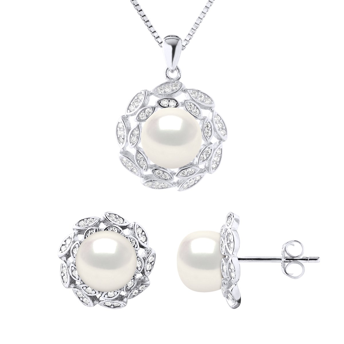 Parure Collier & Boucles d'Oreilles FLEUR Perles d'Eau Douce Blanches 9-10 mm Argent 925