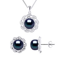 Parure Collier 9-10 mm & Boucles d'Oreilles FLEUR Perles d'Eau Douce 9-10 mm Noires Argent 925