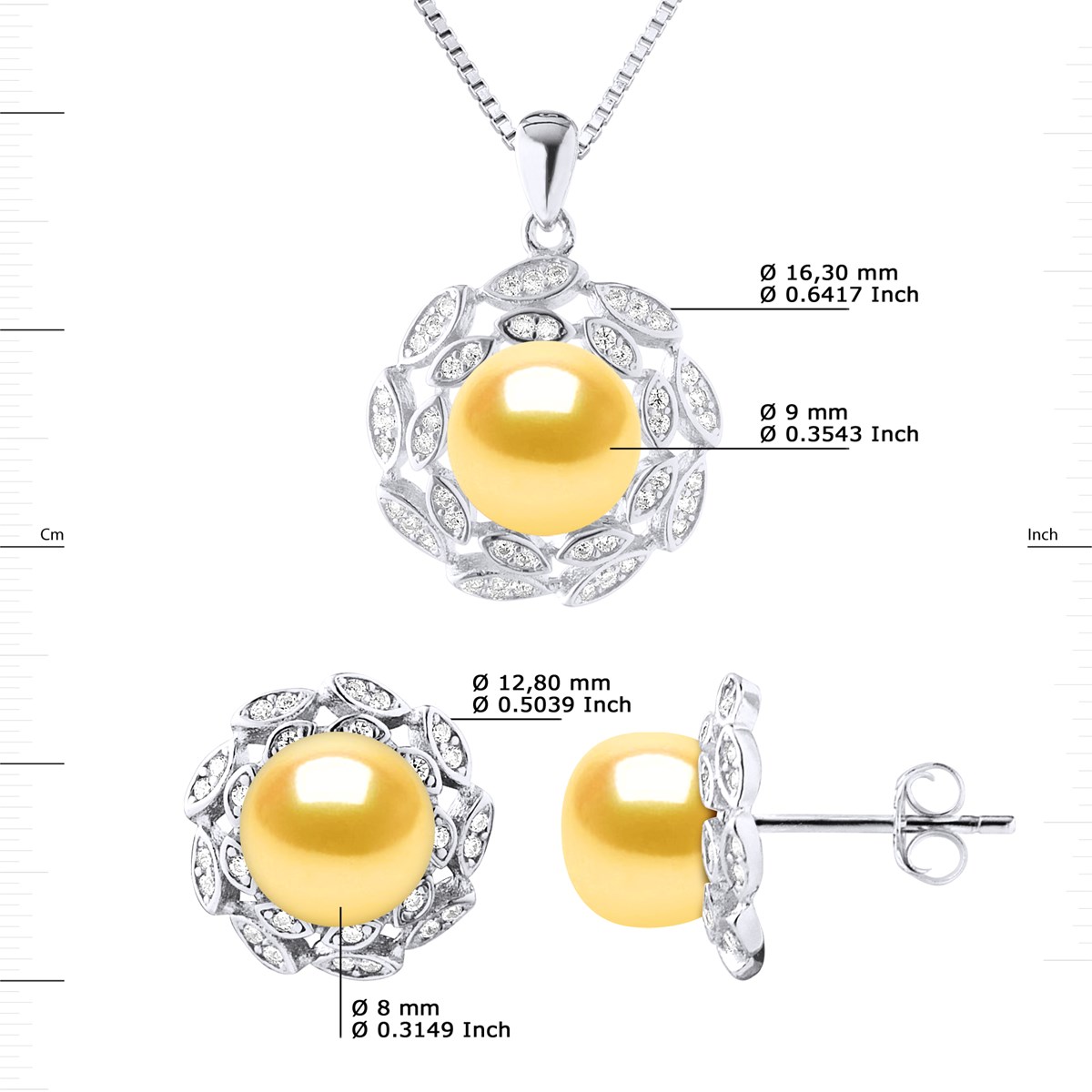 Parure Collier & Boucles d'Oreilles FLEUR Perles d'Eau Douce Dorées 9-10 mm Argent 925 - vue 3