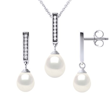 Parure MONTAIGNE Collier & Boucles d'Oreilles Pendantes Perles d'Eau Douce Blanches Argent 925