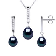 Parure MONTAIGNE Collier & Boucles d'Oreilles Pendantes Perles d'Eau Douce Noires Argent 925