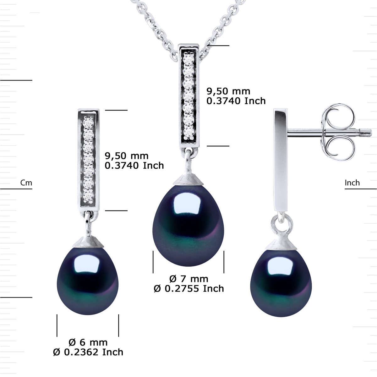 Parure MONTAIGNE Collier & Boucles d'Oreilles Pendantes Perles d'Eau Douce Noires Argent 925 - vue 3
