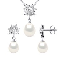 Parure BIARRITZ Collier & Boucles d'Oreilles Pendantes Perles d'Eau Douce Blanches Argent 925