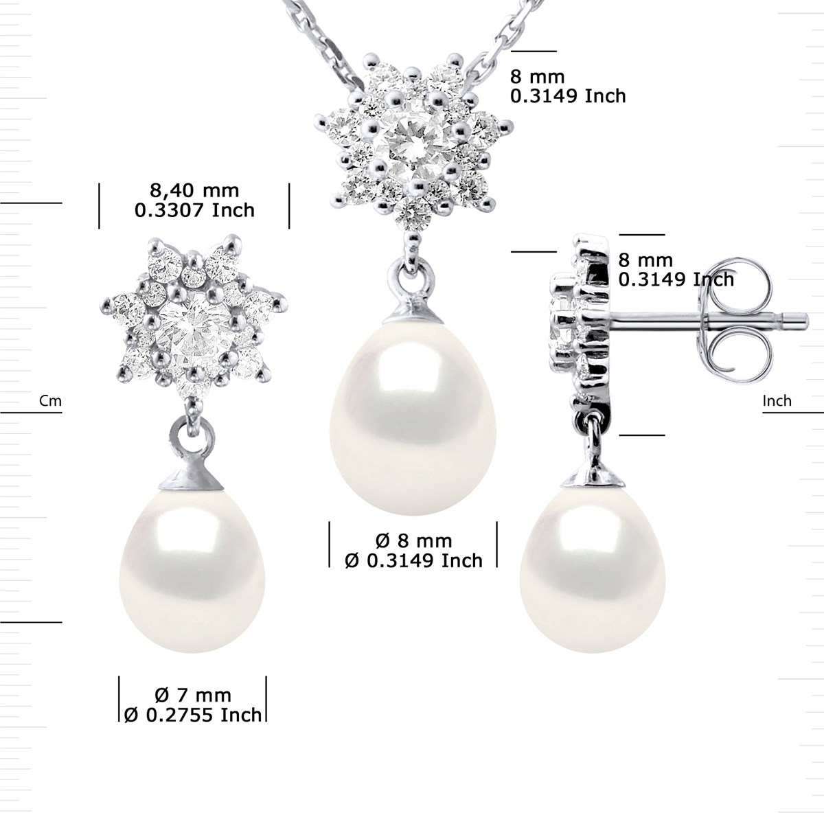 Parure BIARRITZ Collier & Boucles d'Oreilles Pendantes Perles d'Eau Douce Blanches Argent 925 - vue 3