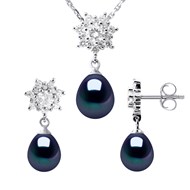 Parure BIARRITZ Collier & Boucles d'Oreilles Pendantes Perles d'Eau Douce Noires Argent 925