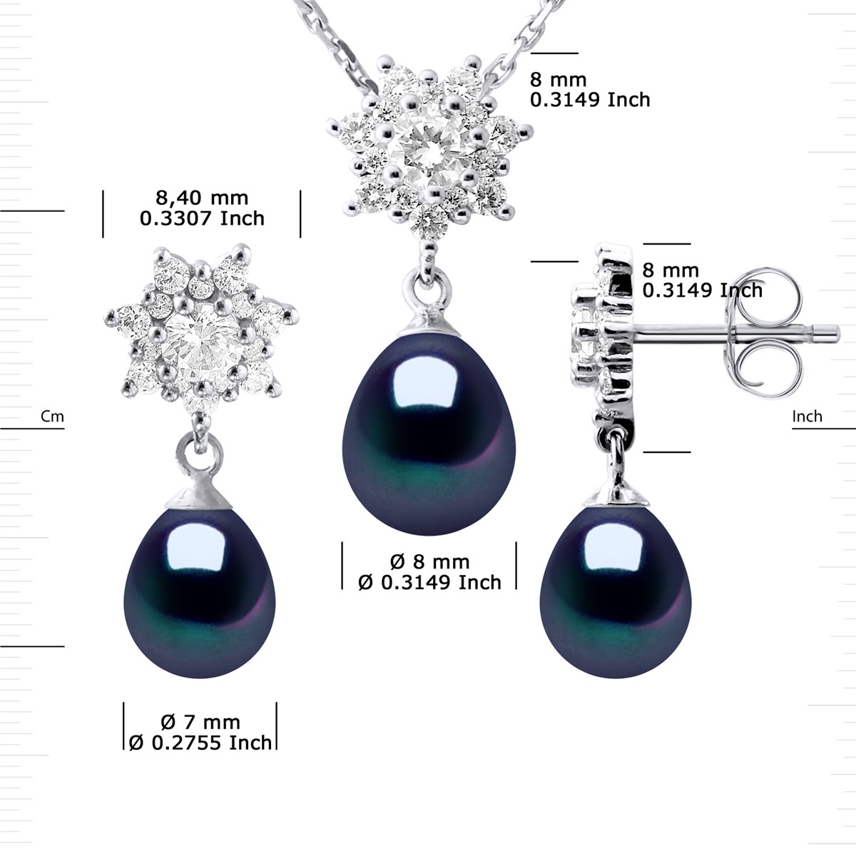 Parure BIARRITZ Collier & Boucles d'Oreilles Pendantes Perles d'Eau Douce Noires Argent 925 - vue 3