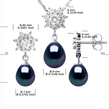 BIARRITZ Set Ketting & Oorbellen Zwarte Zoetwaterparel 925 Sterling Zilver Hanger