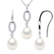 Parure NORMANDY Collier & Boucles d'Oreilles Pendantes Perles d'Eau Douce Blanches Argent 925