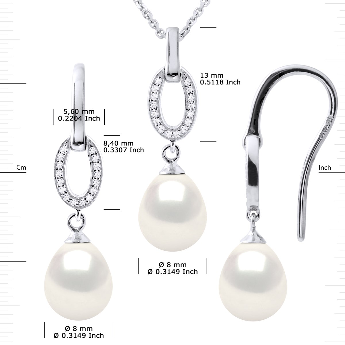 Parure NORMANDY Collier & Boucles d'Oreilles Pendantes Perles d'Eau Douce Blanches Argent 925 - vue 3
