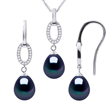 Parure NORMANDY Collier & Boucles d'Oreilles Pendantes Perles d'Eau Douce Noires Argent 925