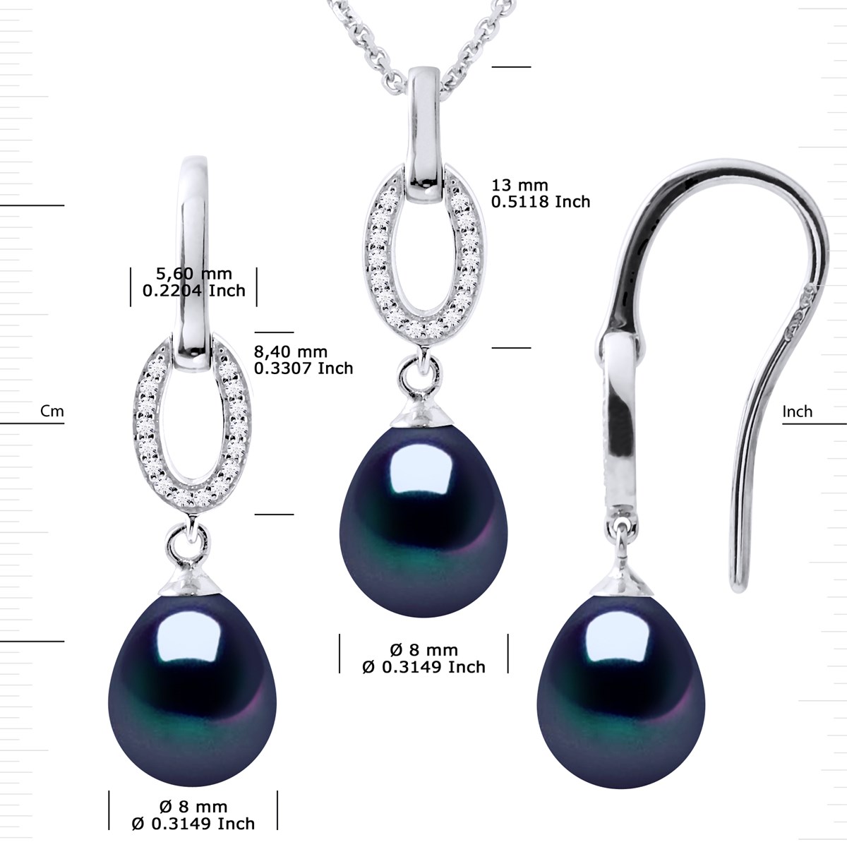 Parure NORMANDY Collier & Boucles d'Oreilles Pendantes Perles d'Eau Douce Noires Argent 925 - vue 3