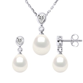 Parure CABOURG Collier & Boucles d'Oreilles Pendantes Perles d'Eau Douce Blanches Argent 925