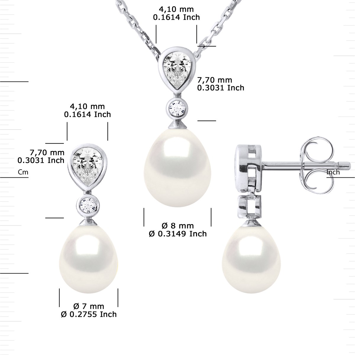 Parure CABOURG Collier & Boucles d'Oreilles Pendantes Perles d'Eau Douce Blanches Argent 925 - vue 3