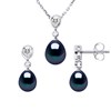 Parure CABOURG Collier & Boucles d'Oreilles Pendantes Perles d'Eau Douce Noires Argent 925 - vue V1