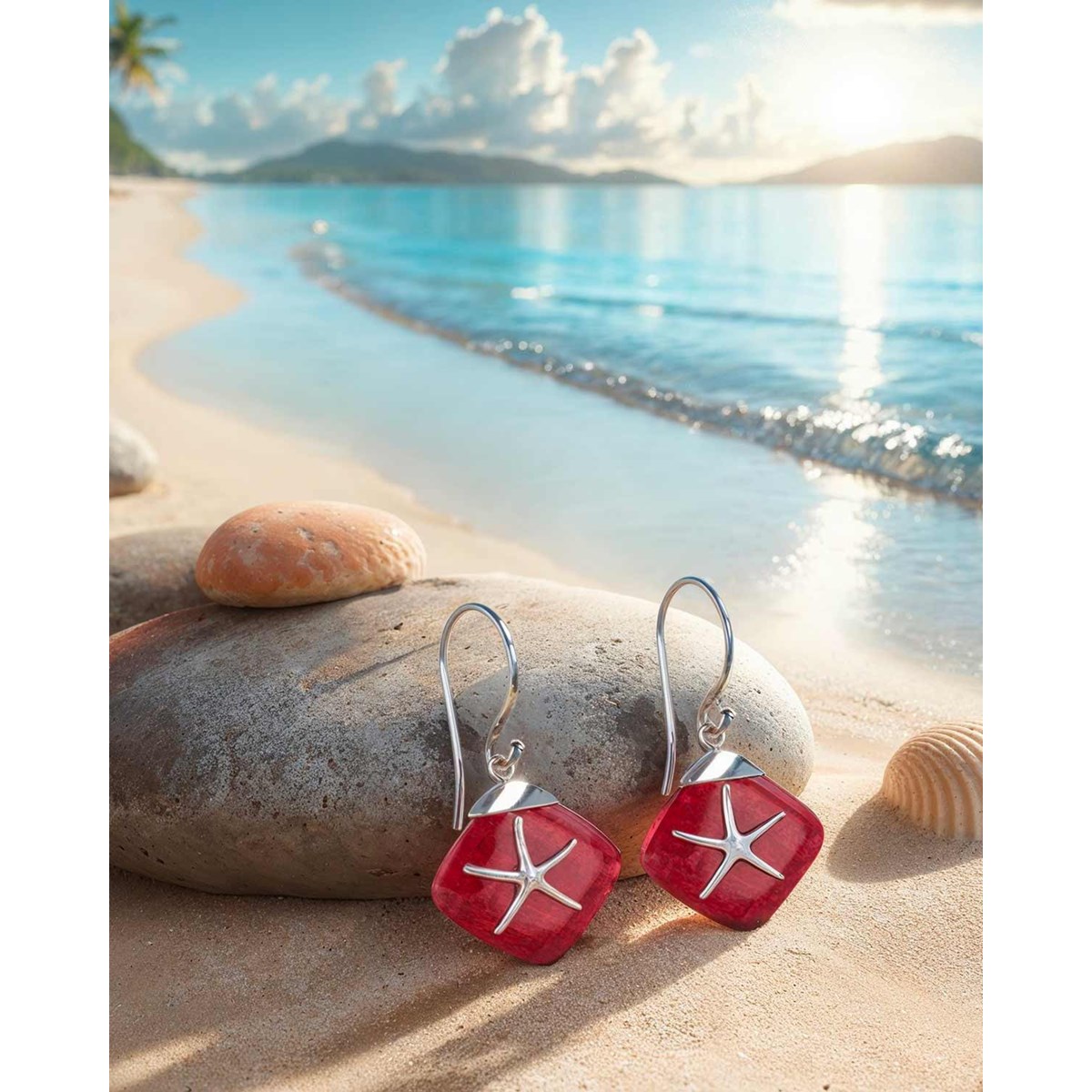 Boucles d'Oreilles Étoile de Mer en Corail Rouge serties en Argent 925 | Boutique ADEN - vue 3