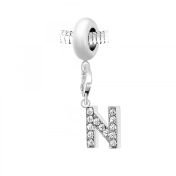 SC Crystal steel bead charm with letter N pendant adorned with sparkling crystals