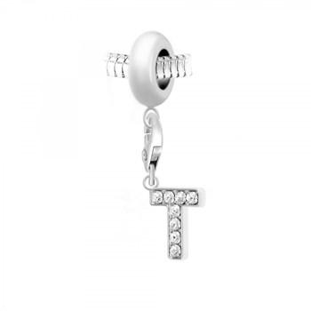 SC Crystal steel bead charm with letter T pendant adorned with sparkling crystals