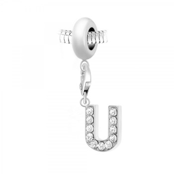 SC Crystal steel bead charm with letter U pendant adorned with sparkling crystals