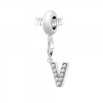 SC Crystal steel bead charm with letter V pendant adorned with sparkling crystals